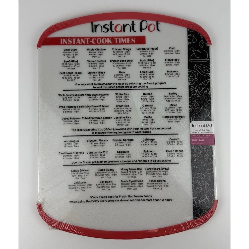 Instant Pot Cook Times Cutting Board 11x14 Non-Slip Dishwasher Safe Red New